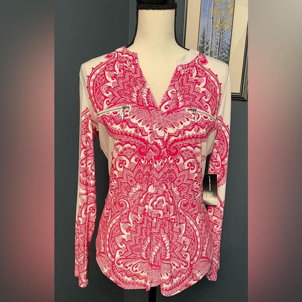 INC International Concepts V Neck, Long Sleeve Blouse w/Zipper Detail, Size M